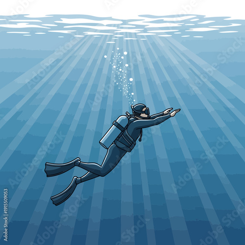 Underwater Exploration Of A Solitary Diver Ascending Through Sunbeams