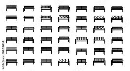 Collection of various wooden and metal outdoor benches in different designs and styles on white background