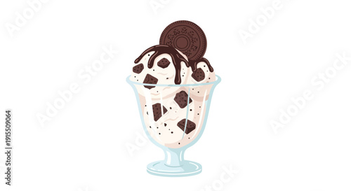 Delicious Cookies and Cream Ice Cream Sundae with Chocolate Drizzle.