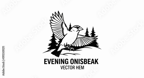 Black and white illustration of a bird with outstretched wings, set against pine trees