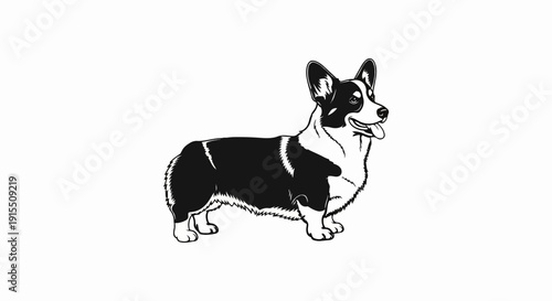 Black and white illustration of a happy corgi dog standing with its tongue out