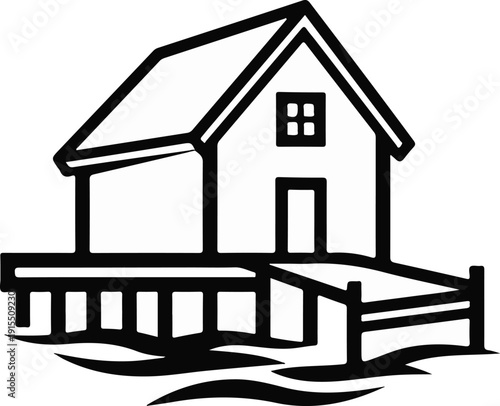 Black and white illustration of a house on stilts over wavy water with a dock