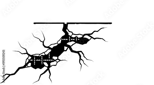 Black and white illustration of a large crack with rope visible within