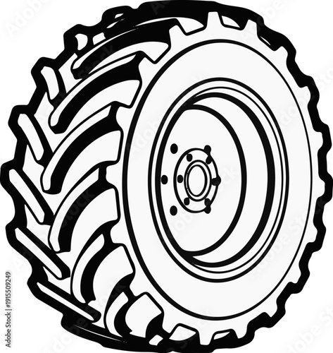 Black and white illustration of a large, rugged tractor tire with deep treads