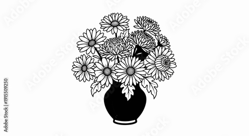 Black and white illustration of a bouquet of daisies and chrysanthemums in a vase