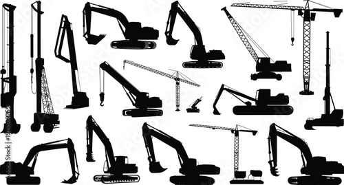 Set of construction machinery silhouettes including excavators, cranes and lifting equipment, heavy industrial vehicles for building and engineering work isolated on white background.