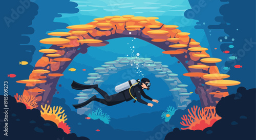 Underwater Exploration Through Coral Archway With Diver