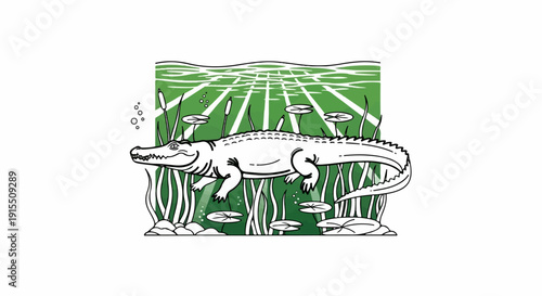 Black and white alligator in green water with reeds and lily pads