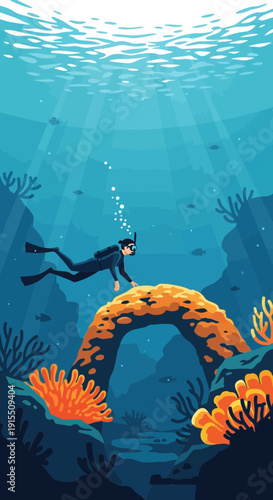 Underwater Exploration With Scuba Diver And Vibrant Coral Reef Scene
