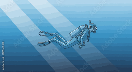 Underwater Exploration With Scuba Diver Swimming Gracefully Through Deep Blue Ocean Waters