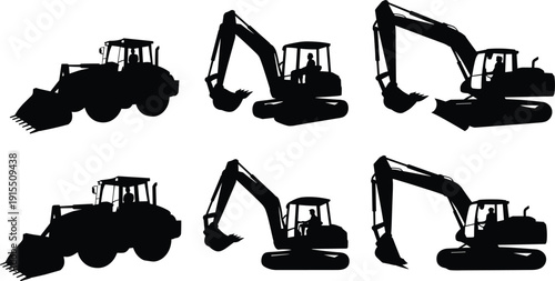 Set of construction machinery silhouettes including wheel loader and excavator in different working positions, isolated on white background, heavy equipment for industrial building projects.
