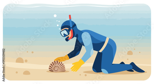 Underwater Explorer Discovering Seashell on Sandy Seabed