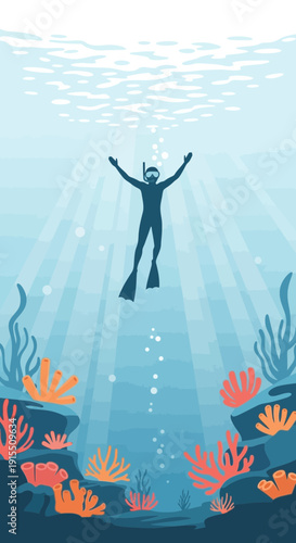 Underwater Scuba Diver Ascending Towards Sunlight in a Coral Reef Ecosystem