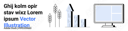 Agriculture, urban development, modern technology, digital tools, sustainability, rural and city balance. Wheat stalks, buildings and a computer screen. Agriculture and urban development