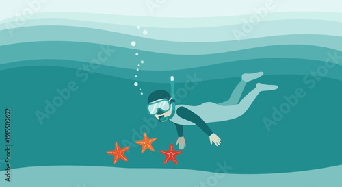 Underwater Snorkeler Exploring Marine Life With Starfish And Bubbles