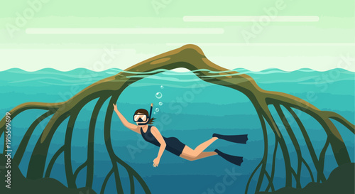 Underwater Snorkeling Adventure Among Mangrove Roots Ecosystem Exploration