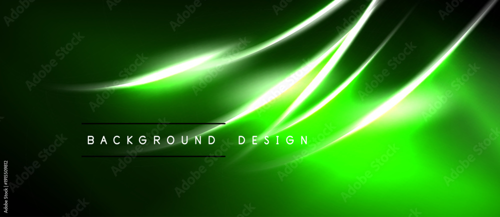 Naklejka premium Abstract green background features luminous curves. Dynamic lines create modern design, ideal for digital projects. Brightness contrasts with dark areas.