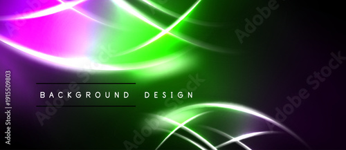 Abstract vibrant lines, curves, gradients. Dark background contrasts bright neon colors. Modern design element for digital projects.