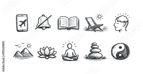 Travel and mindfulness sketch icon set. Hand-drawn symbols for relaxation and adventure.