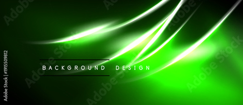 Abstract green background features luminous curves. Dynamic lines create modern design, ideal for digital projects. Brightness contrasts with dark areas.