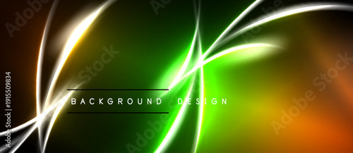Abstract neon lines over dark background. Bright green, orange, yellow hues create dynamic visual effect. Modern design element.