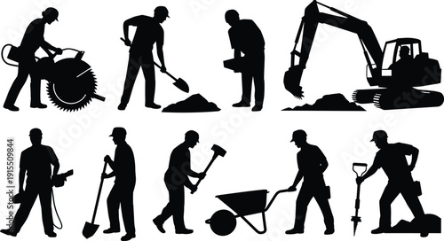 Set of construction worker silhouettes with tools, excavator, wheelbarrow and heavy equipment, laborer activity collection for building site, isolated black icons on white.
