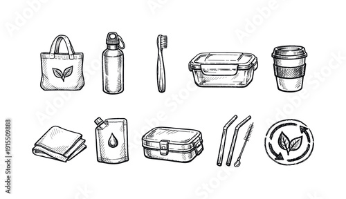 Zero waste icon set: eco-friendly lifestyle, sustainability, outline illustration