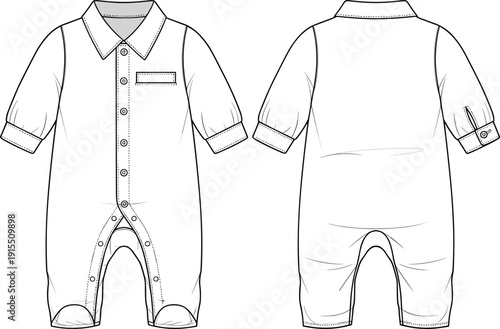 Baby romper technical flat sketch, front view, back view, collared neckline, button closure, chest pocket, snap buttons, long sleeves, garment construction, apparel design, vector illustration