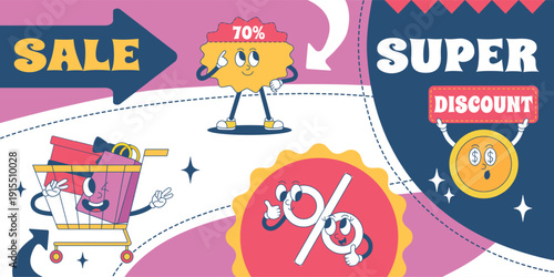 Retro sale banner. Groovy characters discount banner for market, store, supermarket ad promotion. Funny sticker, percents, golden coin, basket, neoteric vector background