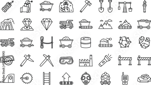Mining industry line icon collection vector set with coal equipment machinery tools and safety symbols