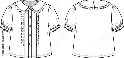Girl’s blouse technical flat sketch, front view, back view, Peter Pan collar, button closure, puff sleeves, ruffle detail, curved hemline, garment construction, apparel design, vector illustration