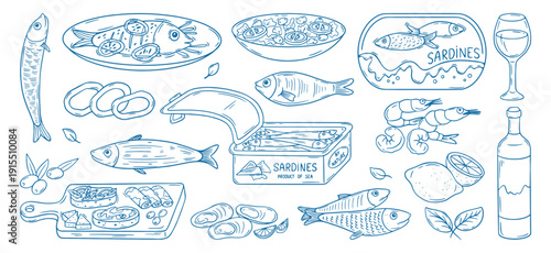Doodle italian seafood. Shrimps, mussels, cheese and meat place, wine lemon, fresh salad. Beachcoast restaurant menu, delicious food, neoteric vector set
