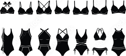 Women Swimwear Silhouette Set Featuring Bikini Tops One Piece Swimsuits Two Piece Beachwear Collection Vector Illustration Bundle