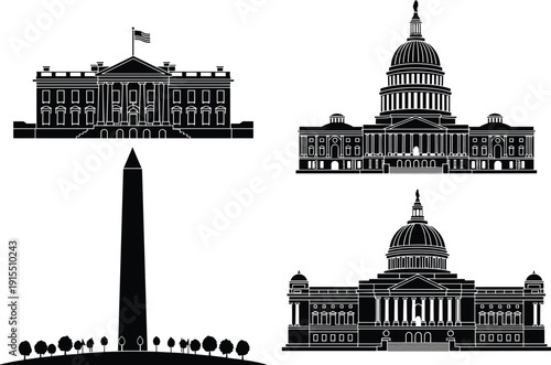 United States Government Landmark Silhouettes Featuring White House Capitol Building Washington Monument and Federal Architecture Vector Illustration Set