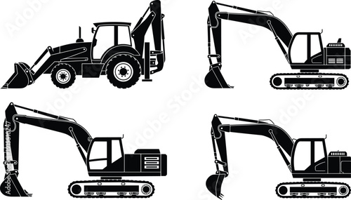 Set of excavator and backhoe loader silhouettes, heavy construction machinery for digging and earthmoving work, industrial equipment icons isolated on white background.