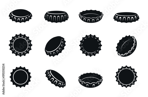 Black bottle caps silhouettes. Different cap for glass bottles, metal lids broken and crumpled. Circle covers silhouette for beverages, beer, soda, sapid vector clipart