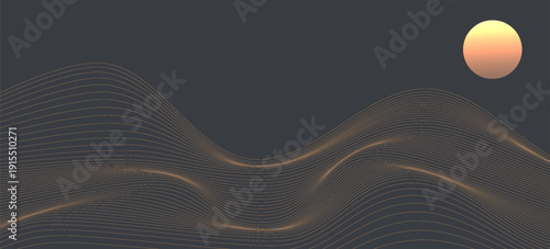 Landscape vector abstract art with birds and sunrise with gold line art texture isolated on dark gray black background.