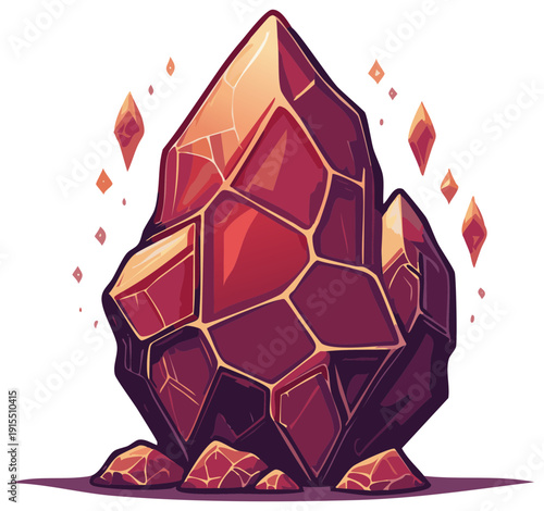 A vibrant stylized magical red crystal gem with sparkling floating fragments