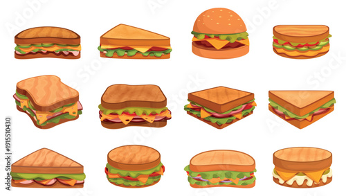 Cartoon sandwiches. Sandwich with roast bread slices, ham, green salad, cheese, tomatoes. Fresh snack from home, cafe, supermarket, food sapid vector set