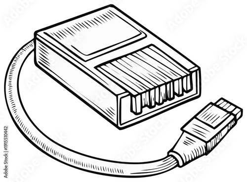 Retro computer peripheral with connector cable black and white hand drawn illustration