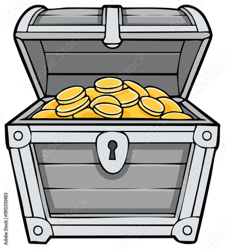 Classic cartoon illustration of an open silver treasure chest overflowing with shiny gold coins