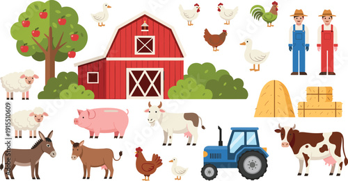 Flat Vector Farm Life Collection, Large Set of Domestic Animals, Red Barn, Tractor, and Farmers Isolated on White Background