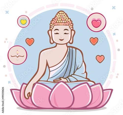 Peaceful enlightened figure meditating in serene lotus flower surrounded by hearts