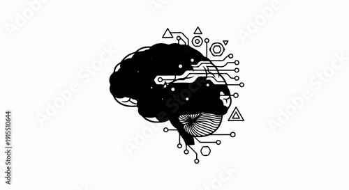 Black and white illustration of a brain connected to circuit board elements