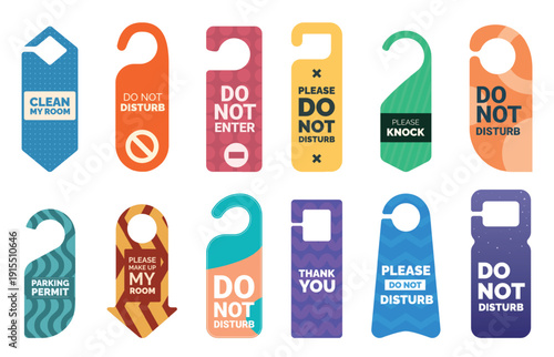 Hotel room tags template. Door knob handles labels for staff. Room service, cleaning, thank you, knock. Messages from clients, bright hangers sapid vector clipart