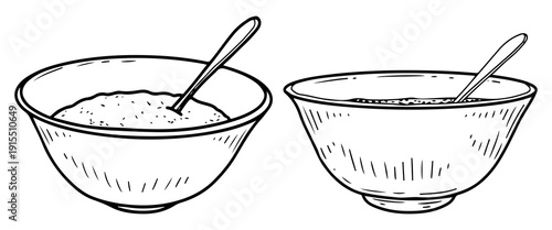 Set of bowls full of food. Hand drawn vector sketch. Deep plate with spoon inside. Cereal for breakfast. Soup for lunch. Ceramic kitchenware. Tableware. Engraving graphic art illustration.