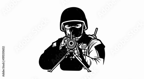 Black and white illustration of soldier aiming a heavy machine gun