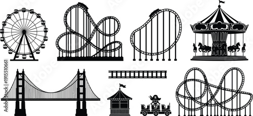 Amusement Park Silhouette Collection Featuring Ferris Wheel Roller Coaster Carousel Suspension Bridge and Carnival Ride Vector Illustration Set