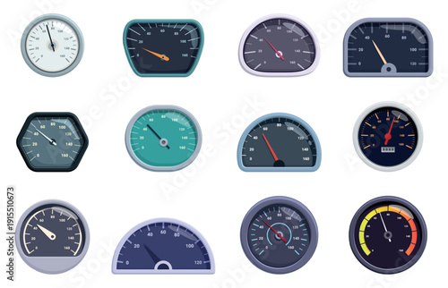 Cartoon speedometer. Car dashboard elements for speed measuring. Odometers, power and acceleration measurement, rpm indicators, sapid vector clipart