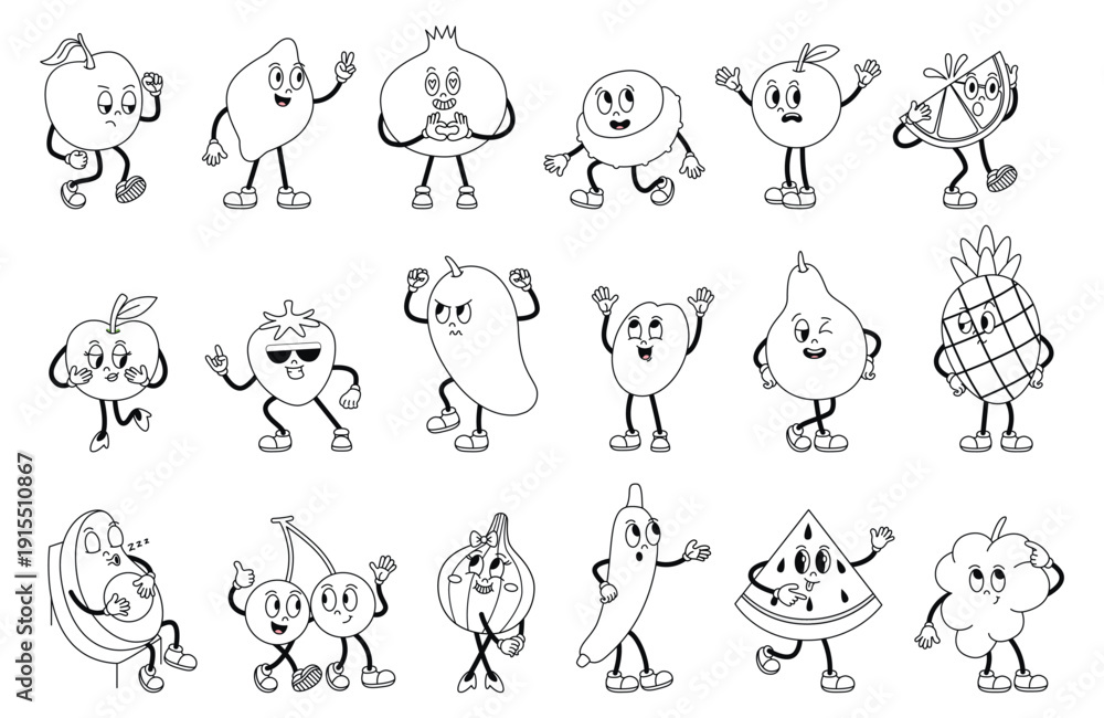 Obraz premium Coloring fruit characters. Funny groovy watermelon, apple, cherries, retro fruits different moods. Emotional children mascots, fresh harvest, vector clipart